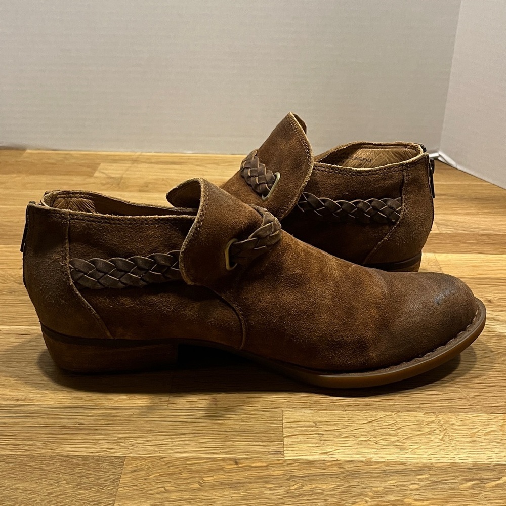 Born Brown Suede w / Braided Leather Trim Sylvia Ankle Booties Boots Women’s 9.5 - Picture 8 of 16
